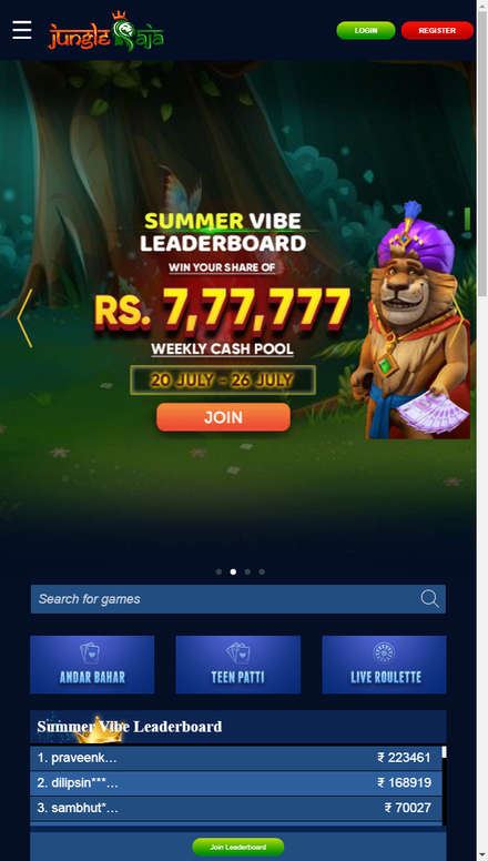 mobile view JungleRaja - Play Live Dealer Online Casino, Roulette, Slots, Poker